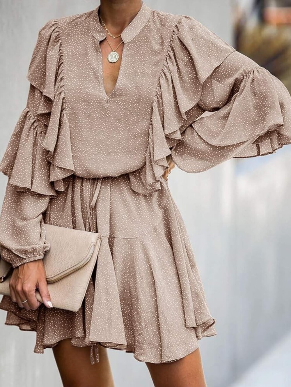 Ruffled V-Neck Mini Dress in Taupe